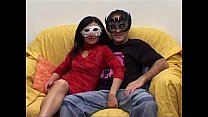 Private couple with mask has sex in front a camera