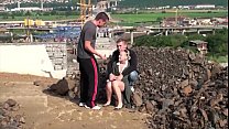 Cute little chick fucked in public construction site by 2 guys with big dicks