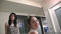 Adorable teen girls pajama party and one of the girls with glasses gets her pussy pounded by her friend wearing strapon dildo