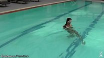 Amazing t-girl poses in bikini poolside and strips in shower