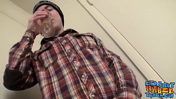 Straight twink jerks off and cums in his beer glass