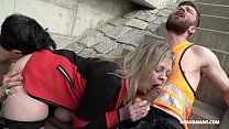 This old slut is so horny she sucks 2 construction workers at once
