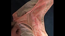 Shot on the pink-orange mesh panties, the secretion is a little