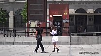 Busty brunette fucked in public with dildo