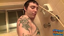 Thug with tattoos stroking his big dick in bathroom