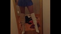 Blue mini skirt tease