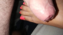 Rubbing cock on wife's feet