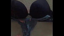 Big cumshot on sexy 34D bra and panties