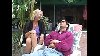Well-padded mature blonde lady Anastasia Sands makes clear if handsome fellow having rest in chaise-longue is able to spare a while to help her bail out of the difficulties