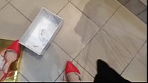 Spy on your sexy 's sweaty feet while some different shoes in the store