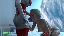 Dickgirl androïde de science-fiction chaude joue avec une blonde sexy dans la station spatiale