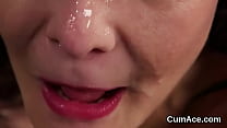 Unusual model gets sperm load on her face gulping all the jizz