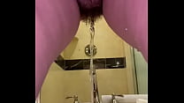 Hairy pussy peeing on Hubby's small cock