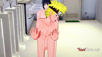 Naruto Yaoi - Naruto e Sasuke fazendo sexo no banheiro da escola e gozadas em sua boca e bunda. Creampie anal bareback 2/2