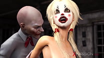 Un homme portant un masque de clown joue avec une jolie blonde sexy dans la pièce abandonnée