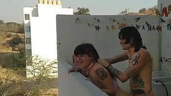 Fucking my trans friend FerDarkMoon on the terrace and I cum in her mouth