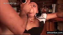 Kinky horny waitress pussy drilled with a fat dildo