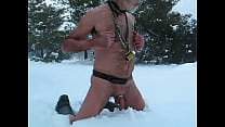 very good wank BDSM naked in snow with clamps to very hard breasts