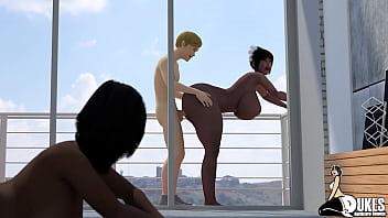 Un mec riche gâté baise sa femme de chambre noire et son professeur sur le balcon