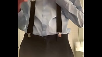 twink boy jerking off in blue shirt and suspenders
