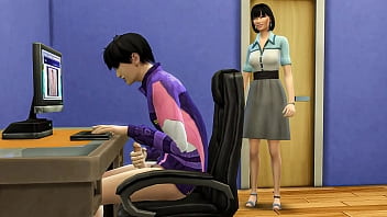 La matrigna giapponese sorprende il figliastro a masturbarsi davanti al computer guardando video porno e poi lo aiuta a fare sesso con lei per la prima volta - Matrigna coreana