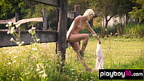Tiny titted Hungarian blondie stripping Zazie Skymm by the pens outdoor