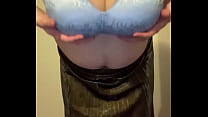 Man in Shiny Woman’s Top and Long Skirt Takes off His Woman’s Clothes to Show His Fake Boobs with His Bra and Panties, Jerks off to Futanari and Cums Inside His Own Panties