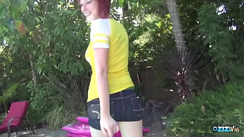 The marvelous redhead with big natural tits visits his treehouse before riding his big cock