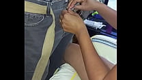 Pulling down our friend's pants while he shows us his hard cock and she spanks him
