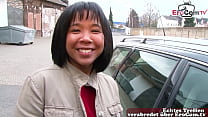 German Asian young woman next door approached on the street for orgasm casting