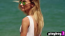 Beautiful small tits blonde MILF model Cara Mell hot posing on the beach
